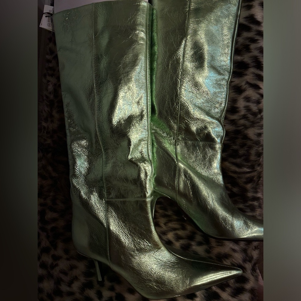 Zara green metallic knee high heel boots